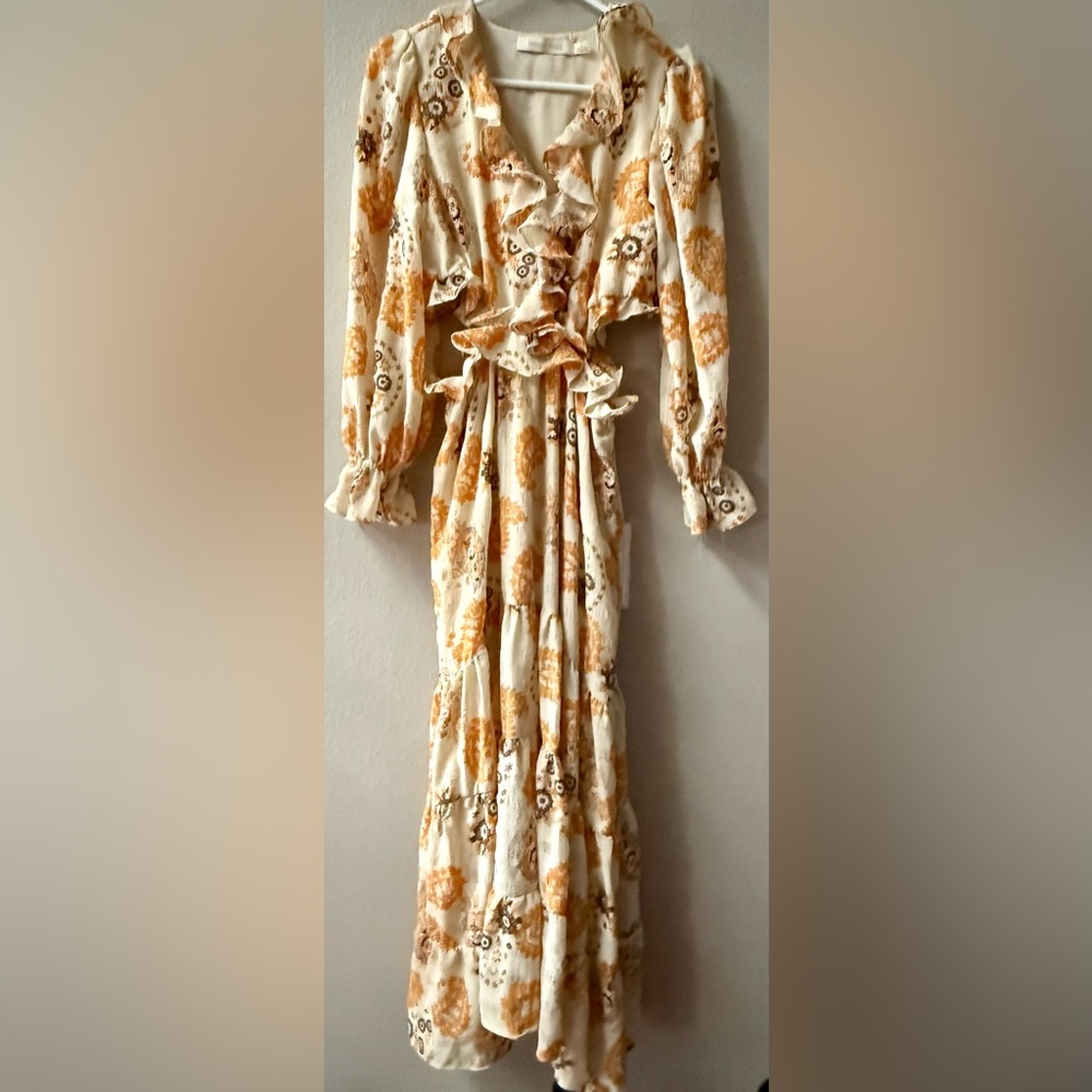 Anthropologie Bishop + Young Cream/Yellow/Gold Print Cut Out Sides Dress Sz. S - Picture 2 of 10